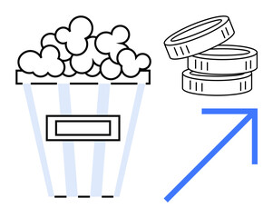 Entertainment industry trends, box office growth, streaming revenue, business success, financial investment, marketing. Popcorn, coins and arrow financial growth. Entertainment industry and business
