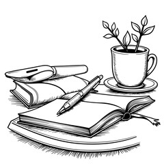 Pen and notepad with cup of tea on desk, writing tools and relaxation in home office setup