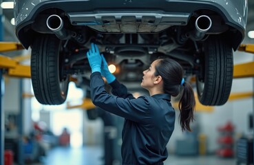 Young woman wearing blue gloves works on car chassis underside. Female mechanic inspects vehicle suspension on lift in garage. Auto service pro checks car parts.