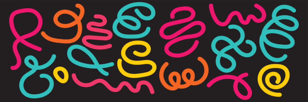 Colorful and Monochrome Abstract Squiggle Pattern  multicolor and whit abstract squiggle lines on dark backgrounds, ideal for modern design themes, creative branding, and artistic EPS10/AI.