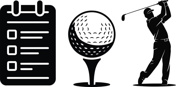 Black silhouette icons display a golf checklist, a golf ball on a tee, and a golfer swinging