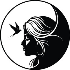 Woman silhouette with bird vector illustration beauty and freedom art eps