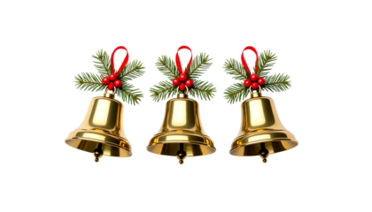 Three golden sleigh bells decorated with holly and red ribbons  isolated on a transparent background