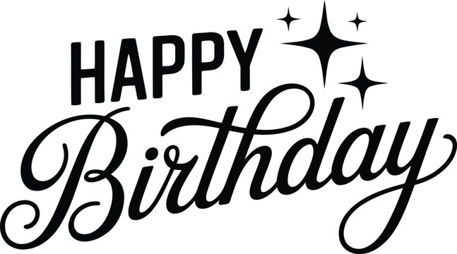 Bold black Happy Birthday text featuring elegant script and modern fonts with sparkling stars