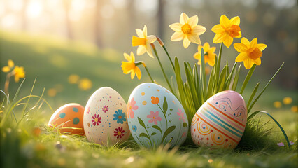 Painted easter eggs and vibrant yellow daffodils in a sunlit spring garden scene