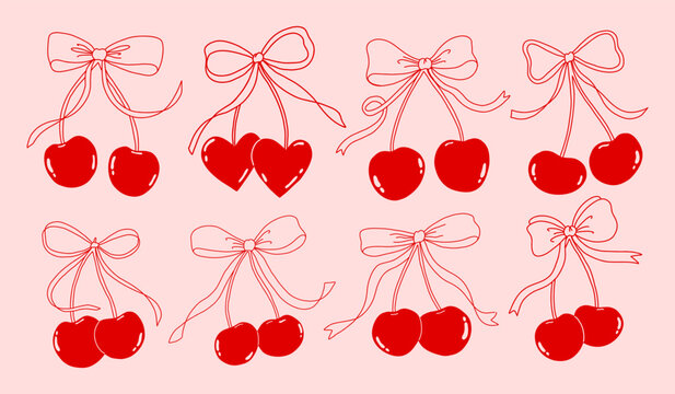 A charming coquette aesthetic illustration featuring cute cherries decorated with elegant bows. This hand-drawn design combines playful feminine style with soft, romantic details, making it perfect fo
