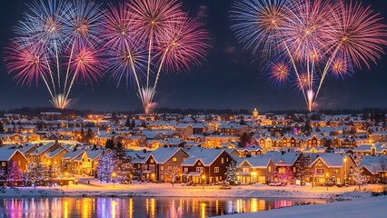 Winter Townscape At Night With Fireworks Display Over Snow Covered Houses And River Christmas New Year