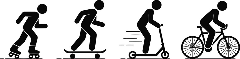Obraz premium Four active black icons show people engaged in rollerblading skateboarding scooter riding and cycling