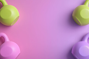 Four colorful kettlebells in corners of frame