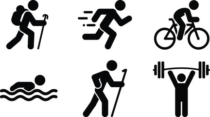 Minimalist black graphics illustrate six different popular sports activities including running and swimming