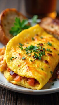 A fluffy omelet brimming with cheese and fresh vegetables, served with crispy bacon and toasted whole wheat bread, a perfect start to the day ,  dairy,  egg dish