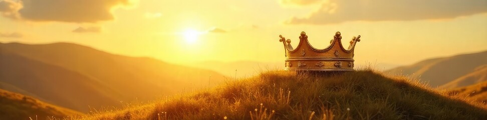 Obraz premium A golden crown rests on a sun-drenched hilltop, bathed in the warm glow of a bright summer day The scene evokes feelings of royalty, power, and summer's golden splendor , sunny landscape, rays