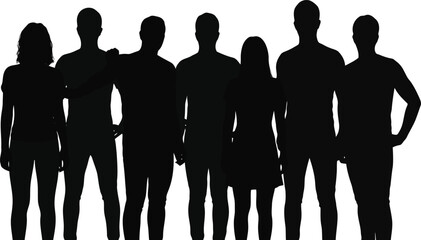 Silhouette representation of a diverse group of men and women standing together on a white background