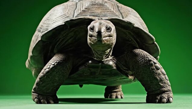Cute slow wild reptile with a patterned shell standing on a rock or stone with a white isolated background