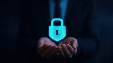 Cybersecurity concept businessman holding glowing blue padlock icon in hands digital data protection and network security privacy concepts
