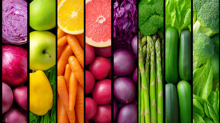 Colorful assortment of fresh fruits and vegetables arranged in vertical stripes, showcasing natural variety, healthy nutrition and vibrant organic produce.