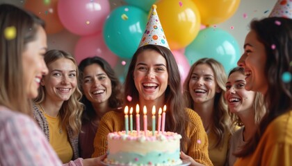 Group of smiling women celebrate birthday with cake and balloons. One woman wears party hat. Friends share joy and confetti at indoor party.