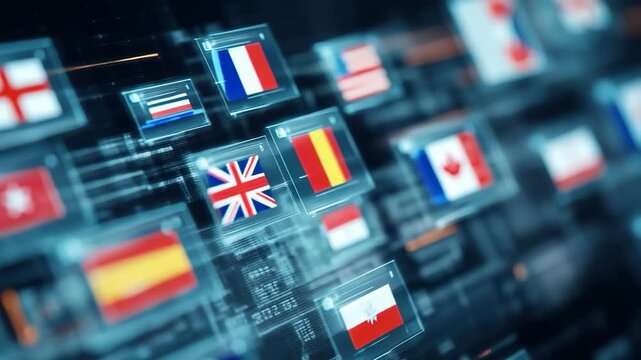 Flags of different countries represented in a digital display grid