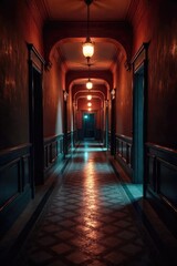 Fototapeta premium A long, dimly lit hallway stretches into the distance, featuring classic architectural details and a patterned floor The scene evokes a sense of mystery and quiet elegance , home, classic, vintage