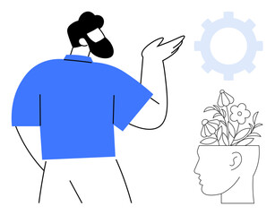 Man gesturing towards a head with blooming flowers and a gear, symbolizing creativity, mental growth, and innovation. Ideal for themes thumbs up personal development, education, mental health