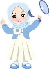 Cute Muslim girl in hijab holding a megaphone and pointing up, cartoon character