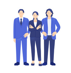 中央で腕組みする女性リーダーと男性ビジネスパーソンの全身イラスト素材。