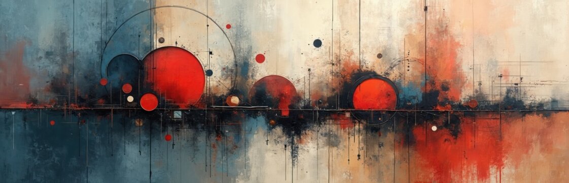 Abstract digital art features red circles and industrial shapes with rough textures. Geometric lines create a complex pattern on a muted background. This modern piece evokes and constructivist style.