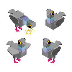 Set of four pigeons in flight, rendered in an isometric vector style. Modern perspective design for city and nature scenes.