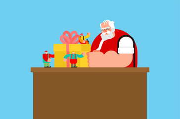 Santa Claus sitting at a desk surrounded by wrapped Christmas gifts. Holiday planning and preparation vector illustration.