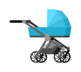 Flat design vector illustration of a modern blue baby stroller. Parenthood, childhood, and infant care concept. Isolated on white.