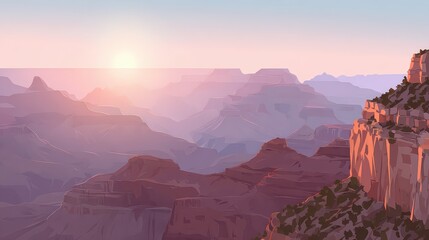 Pixelated Grand Canyon Landscape at Sunrise with Hazy Layers and Earth Tones