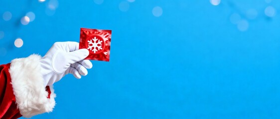 Obraz premium A condom in red packaging with white snowflake is held in Santa's gloved hand against a blue bokeh background with ample negative space in minimalist composition, for sexual wellness marketing, health