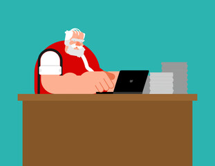 Santa Claus working on a laptop at his desk, focused on his tasks. Modern holiday e-commerce and office work vector concept.