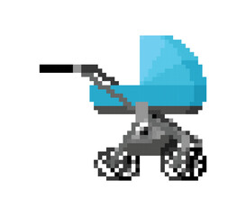 Pixel art baby stroller in retro 8-bit style. Simple gaming asset for family, childhood, and transport themes.