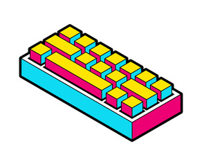 Pop art style keyboard key row with vibrant colors and bold outlines. Retro tech and gaming vector.