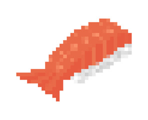 Pixel art shrimp nigiri sushi. Retro 8-bit food icon for gaming, Japanese cuisine, and seafood themes.