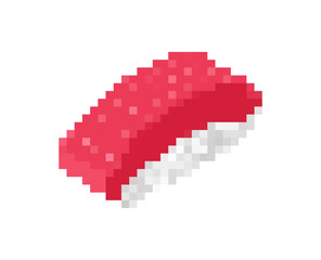 Pixel art tuna nigiri sushi. Retro 8-bit food icon for gaming, Japanese cuisine, and seafood themes.