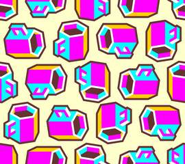 Seamless pop art pattern featuring colorful coffee mugs with bold outlines on a pink/purple background. Retro aesthetic background for cafe and beverage themes.