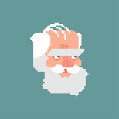 Pixel art portrait of Santa Claus with a light blue background. Retro 8-bit icon for Christmas, gaming, and holiday themes.