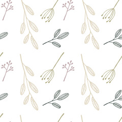 Frosty garden in repetition, leaves, stems, and small blooms for wallpaper, textile, card design.