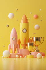 Yellow and pink 3D rockets and trophies