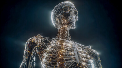 A detailed representation of human anatomy reveals a full neural system intricately wrapped around a transparent skeleton, highlighting the connections between various body systems