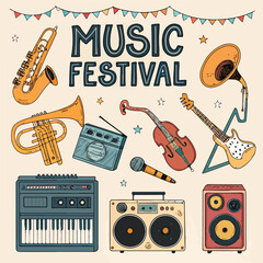 vector set of musical instruments for Music festival banner