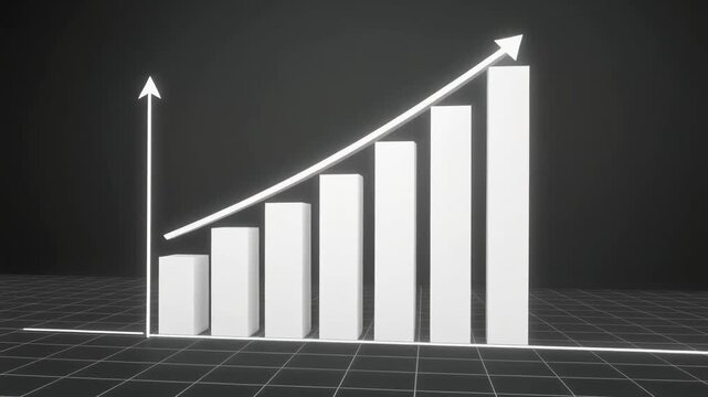 An animated white 3D bar graph on a dark background, showing increasing progress and a positive trend with an upward arrow, representing business success and growth.