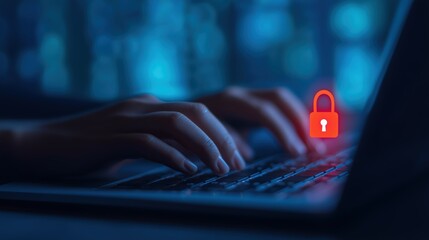 Cyber security concept hands typing on laptop keyboard with red padlock icon for data protection and online safety in dark blue tone
