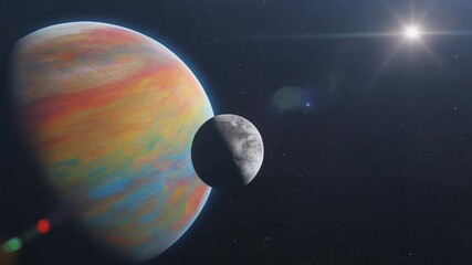 “Colorful gas giant with swirling multicolored atmosphere and cratered gray moon in deep space with bright star”