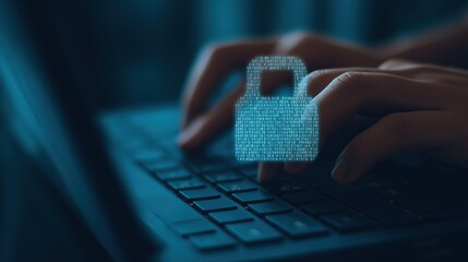 Cyber security concept hands typing on laptop with digital padlock overlay representing data protection and online safety measures in technology