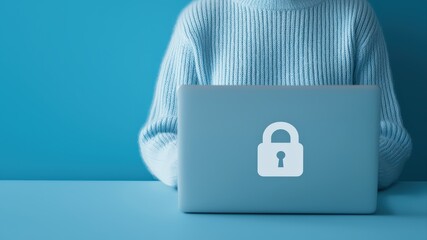 Laptop with padlock icon on blue background for cyber security and data protection concepts online safety and privacy secure internet connection