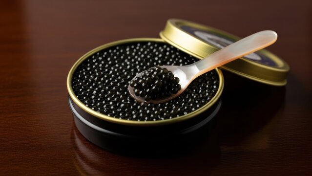 Black caviar in tin with mother of pearl spoon on wood.