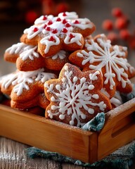 Gingerbread Cookies in Snowflake Shapes with White Icing on Wooden Tray